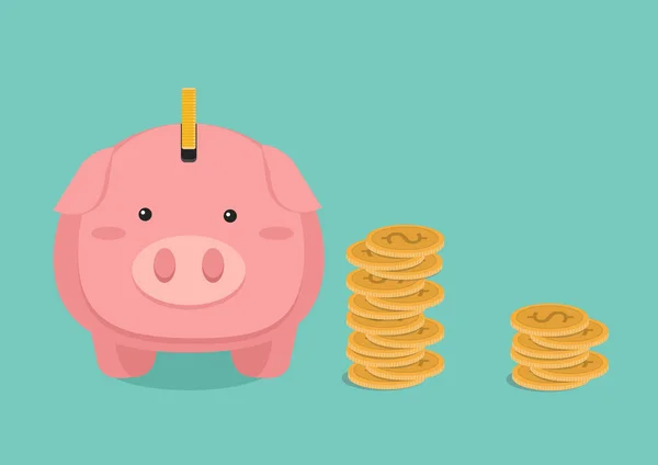 Vlakke Afbeelding Piggy Bank Gouden Munt Stack — Stockvector
