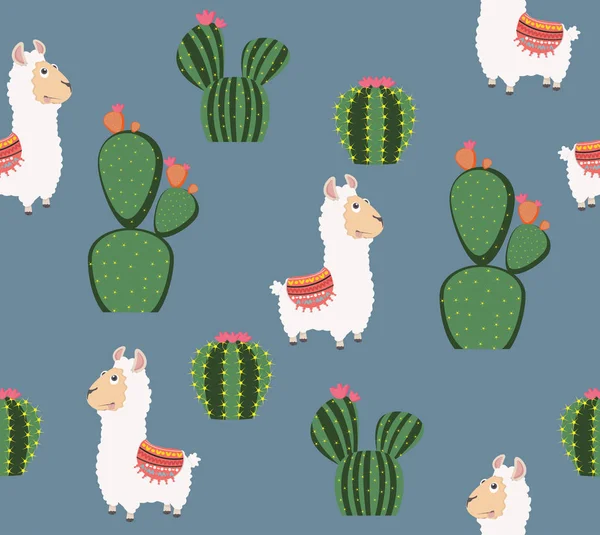 Roztomilý Funny Alpaka Vzorkem Kaktus — Stockový vektor