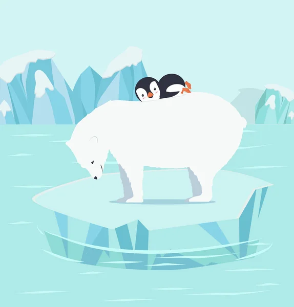 ペンギン北極北極でホッキョクグマと睡眠 — ストックベクタ