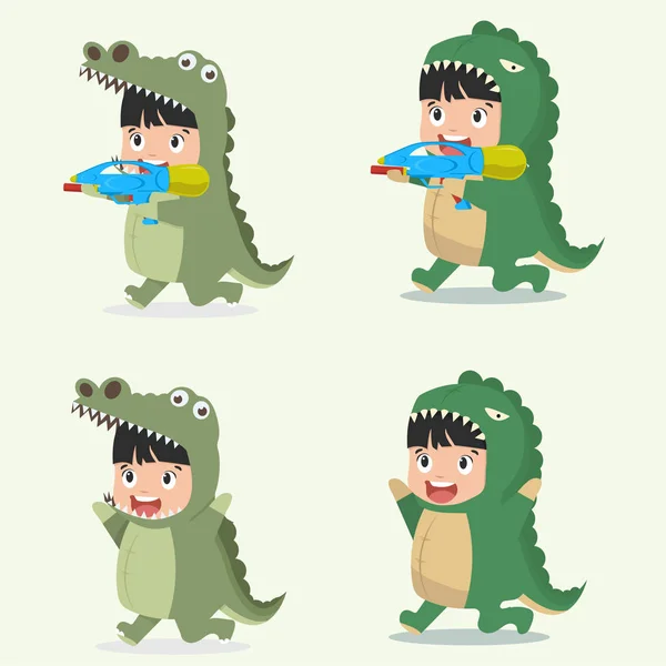 Conjunto Personajes Dibujos Animados Niños Pequeños Trajes Animales Cocodrilo — Vector de stock