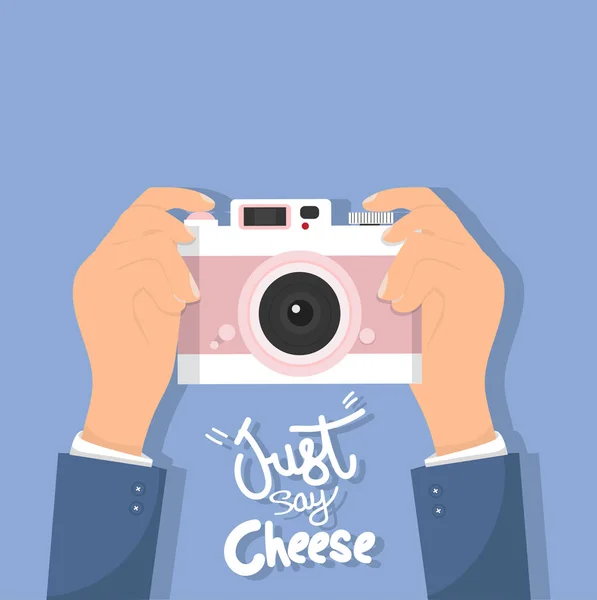 Hand Holding Camera Just Say Cheese — Stock Vector