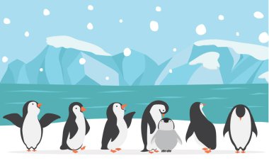 Kuzey Kutbu arka plan vektörüne sahip aile penguenleri