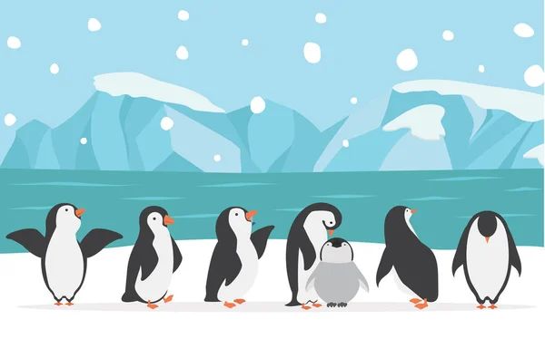 Familia Pingüinos Con Polo Norte Vector Fondo — Vector de stock