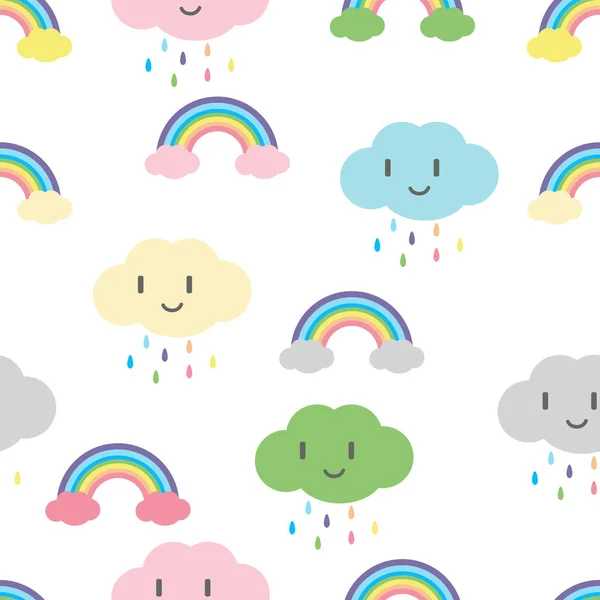 かわいい顔の雲のシームレスなパターンを持つ虹 — ストックベクタ