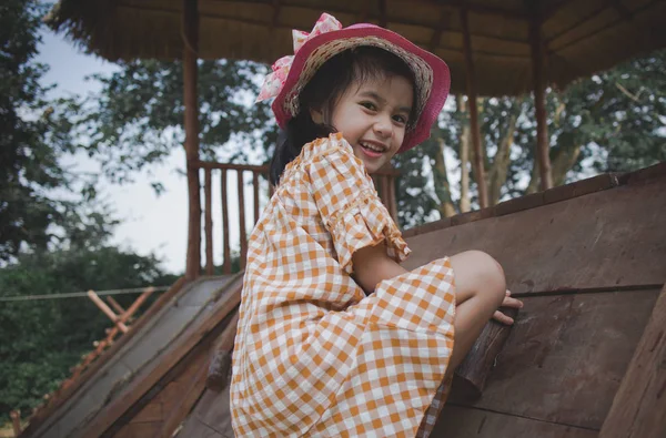 Маленький Ребенок Играет Лазание Деревянной Стене — стоковое фото