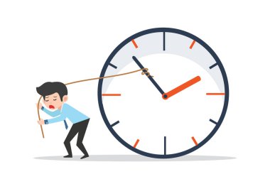 Üzgün işadamı zaman vektörünü durdurmaya çalışıyor.
