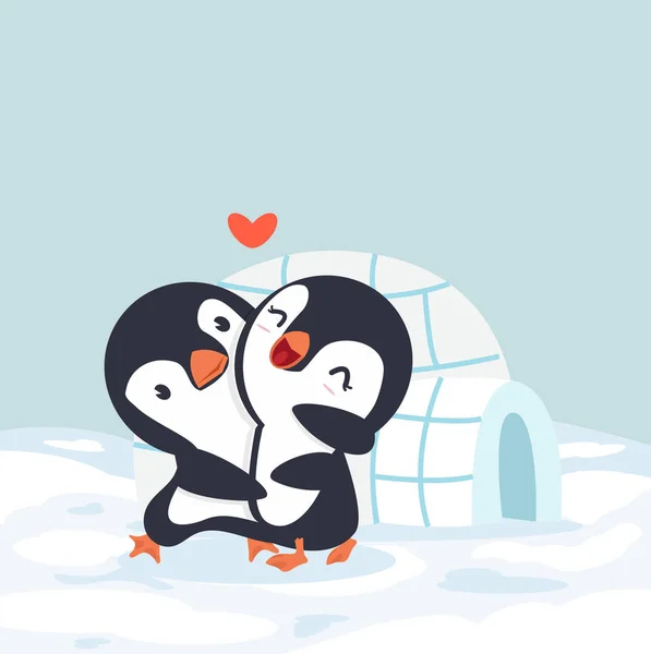 Two Cute Penguins Love Ice House — Stock Vector