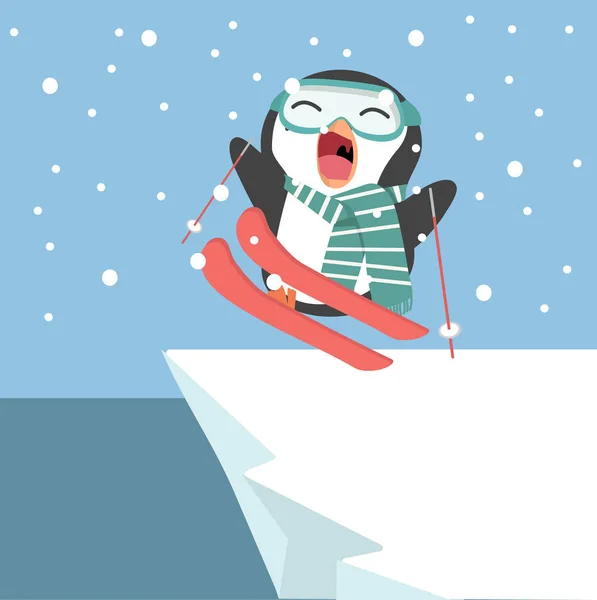 Pinguin Mit Skiern Berg — Stockvektor