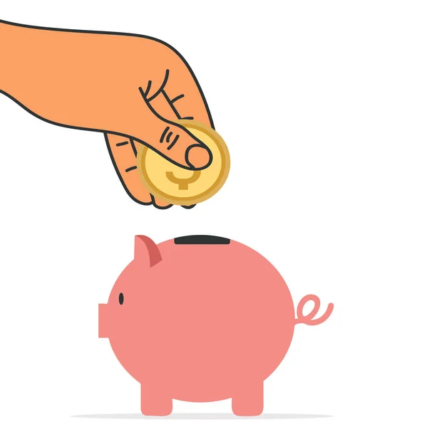 Hand Putting Coin Piggy Bank Vector — 스톡 벡터