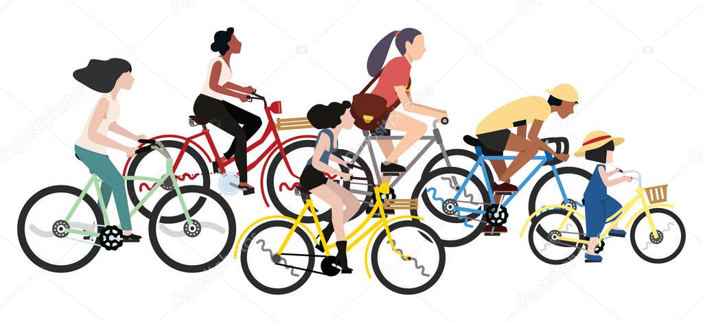 set of people riding bicycles isolated on a white background