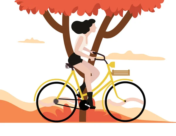 Autumn Woman Riding Bicycle Tree — Stock Vector