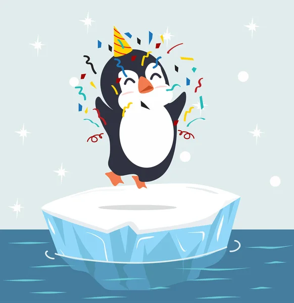Mignon Pingouin Avec Chapeau Fête Sur Glace Floe Vecteur — Image vectorielle