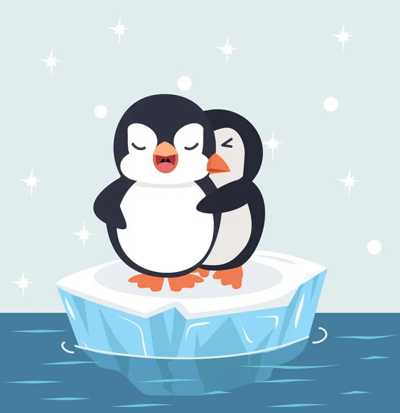 Pingwiny Szczęśliwy Para Uścisk Wektor Koperty Lodowej — Wektor stockowy