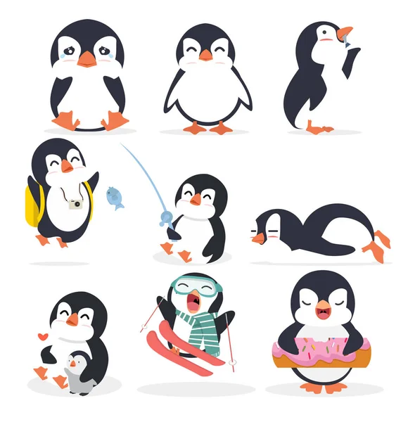 Cute Fat Penguin Different Poses Set — Stock Vector