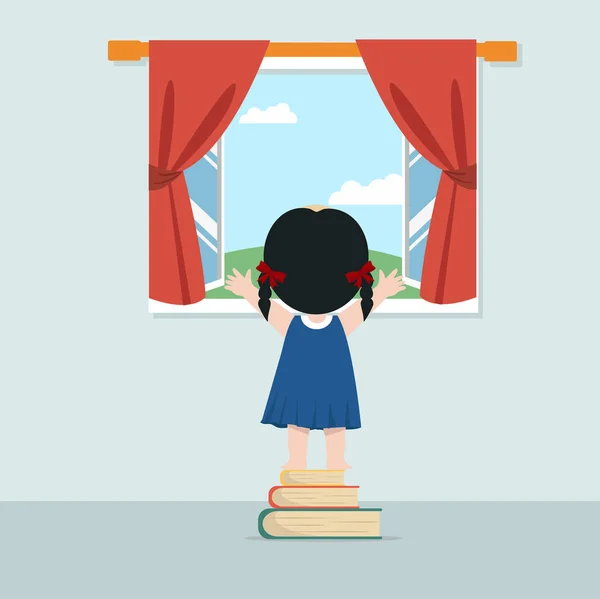 Linda Chica Pie Con Libro Ventana Abierta — Vector de stock