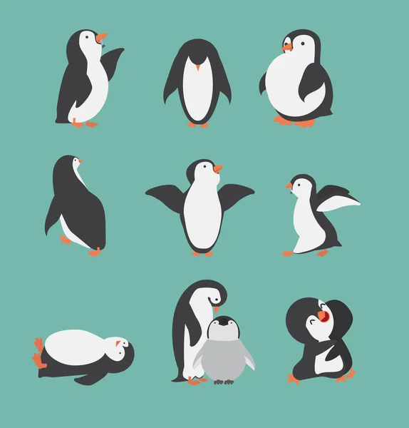 Lindos Personajes Pingüino Diferentes Poses Conjunto — Vector de stock