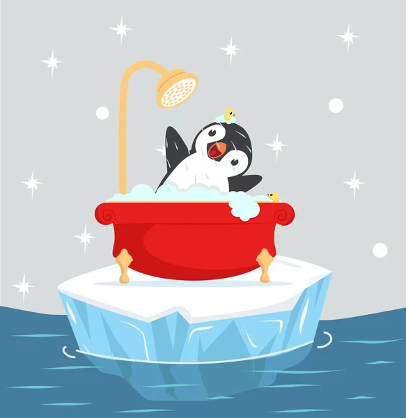 Pinguïn Bad Met Schuim Ijsberg Drijvend — Stockvector