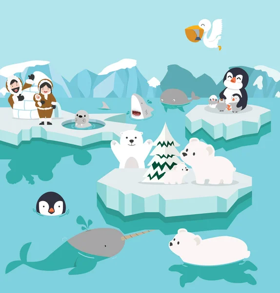 Ensemble Dessin Animé Mignon Pôle Nord Arctique Sur Icebergs — Image vectorielle