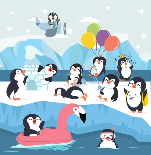 Állítsa Aranyos Rajzfilm Pingvin Tél Északi Sarkvidék — Stock Vector