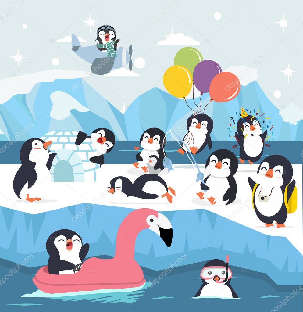 Set of cute cartoon Penguin winter north pole arctic 