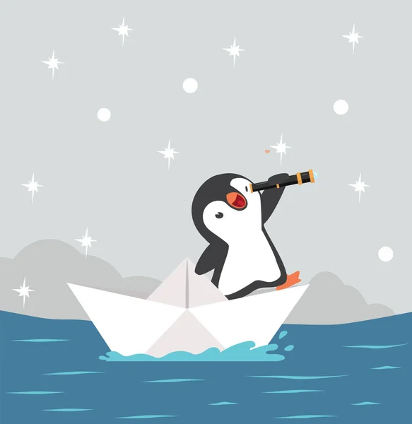 纸船上有望远镜的企鹅 — 图库矢量图片