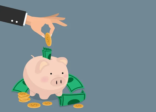 Hand Sätta Mynt Med Piggy Bank Pengar Besparingar Koncept — Stock vektor