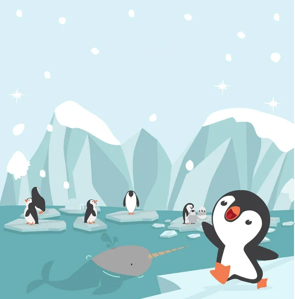 Cartoon Pinguïn Cartoon Ijs Floe Achtergrond — Stockvector