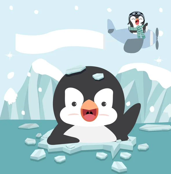 漫画ペンギン漫画上の氷の流れとともに面白いパイロット — ストックベクタ