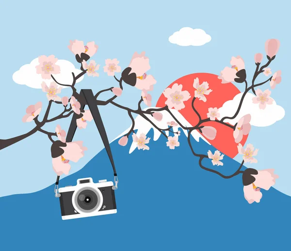 カメラハンギングピンクの花の枝とともに富士山 — ストックベクタ