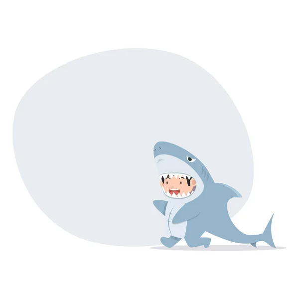 Personnages Mignons Enfants Costume Requin Avec Bannière — Image vectorielle