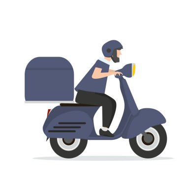 Yemek dağıtan adam mavi scooter karikatür vektörü kullanıyor.