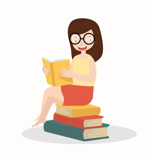 Mujer Leyendo Libro Sentado Libro Pila — Vector de stock