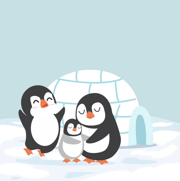 Familia Pingüinos Con Igloo Casa Hielo Vector — Vector de stock