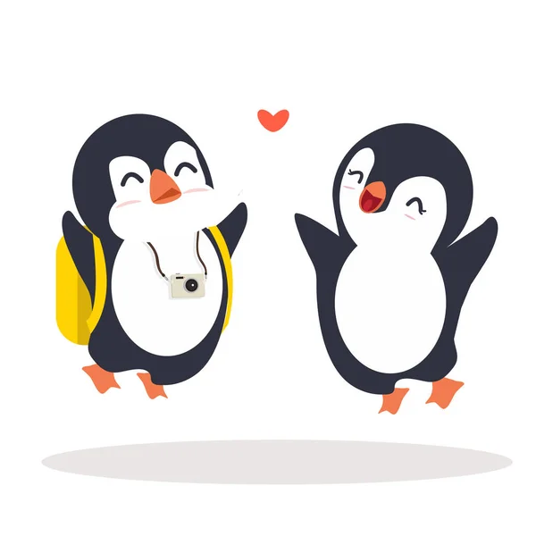 Penguins Jump Happy Couple Cartoon — Stock Vector