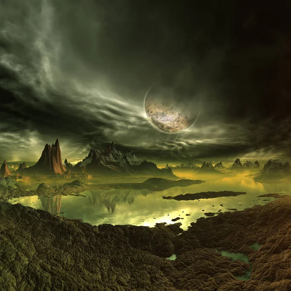 3D, δημιουργούνται και αποδίδονται εξωγήινο πλανήτη φαντασίας - 3d απεικόνιση — Φωτογραφία Αρχείου