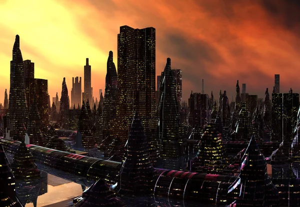 Representación 3D de una ciudad alienígena de fantasia- Ilustración 3D —  Fotos de Stock