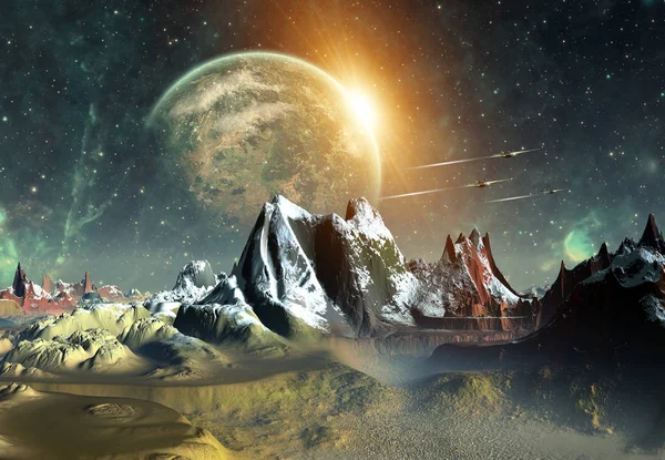 Τρισδιάστατη απεικόνιση του ένα εξωγήινο πλανήτη φαντασίας - 3d απεικόνιση — Φωτογραφία Αρχείου