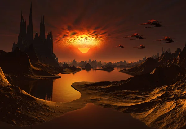 Weergave Van Een Buitenaardse Planeet Van Fantasy Illustratie — Stockfoto
