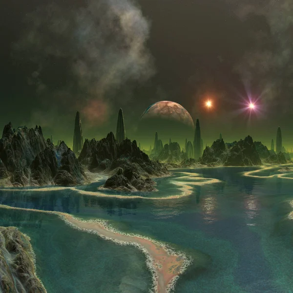 Weergave Van Een Buitenaardse Planeet Van Fantasy Illustratie — Stockfoto