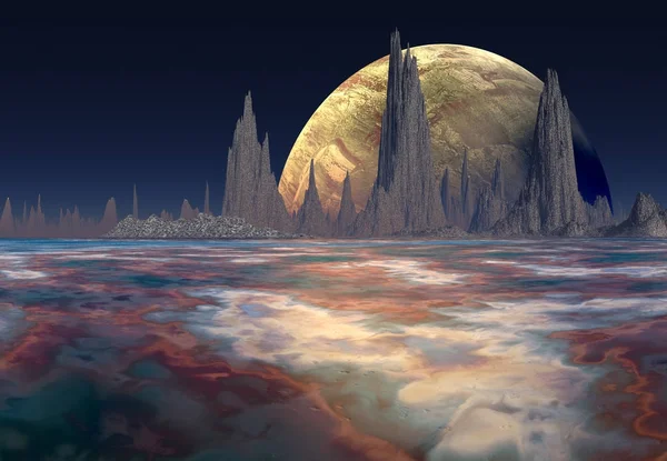 Τρισδιάστατη Απεικόνιση Του Ένα Εξωγήινο Πλανήτη Φαντασίας Απεικόνιση — Φωτογραφία Αρχείου