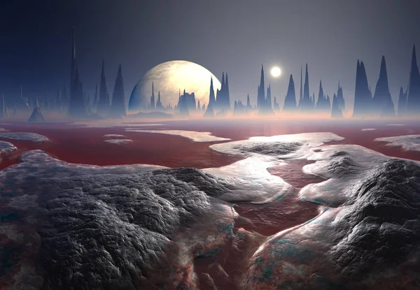Τρισδιάστατη Απεικόνιση Του Ένα Εξωγήινο Πλανήτη Φαντασίας Απεικόνιση — Φωτογραφία Αρχείου