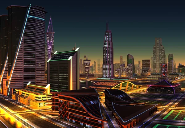 Futurystyczne Miasto Komputer Graficzny Ilustracja — Zdjęcie stockowe