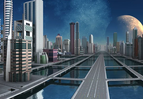 Skyline Van Futuristische Stad Illustratie — Stockfoto