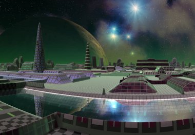 Bir Uzaylı Gezegeni 'nde 3D Oluşturulmuş Gelecekçi Şehir - 3D Görüntü