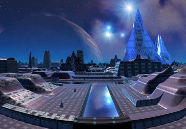 Bir Uzaylı Gezegeni 'nde 3D Oluşturulmuş Gelecekçi Şehir - 3D Görüntü