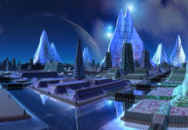 Bir Uzaylı Gezegeni 'nde 3D Oluşturulmuş Gelecekçi Şehir - 3D Görüntü