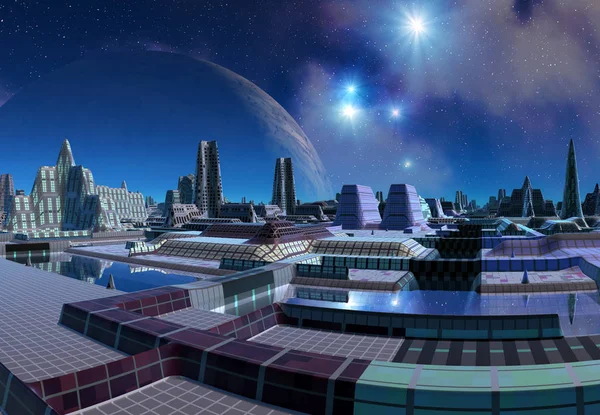 Bir Uzaylı Gezegeni Nde Oluşturulmuş Gelecekçi Şehir Görüntü — Stok fotoğraf