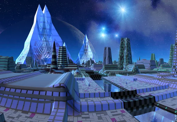 Renderowane Futurystyczne Miasto Obcej Planecie Ilustracja — Zdjęcie stockowe