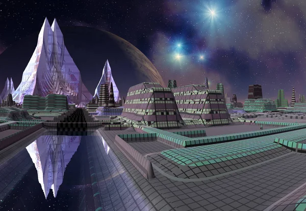 Gerenderte Futuristische Stadt Auf Einem Fremden Planeten Illustration — Stockfoto