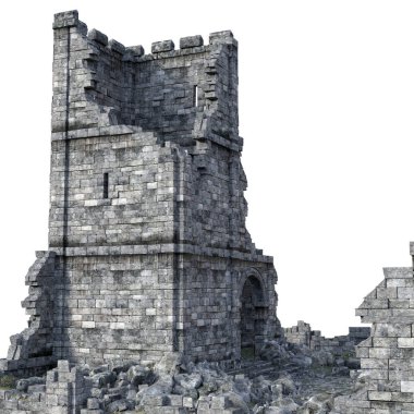 Beyaz Arkaplanda 3D Yapılandırılmış Eski Kale Harabeleri - 3d Resim